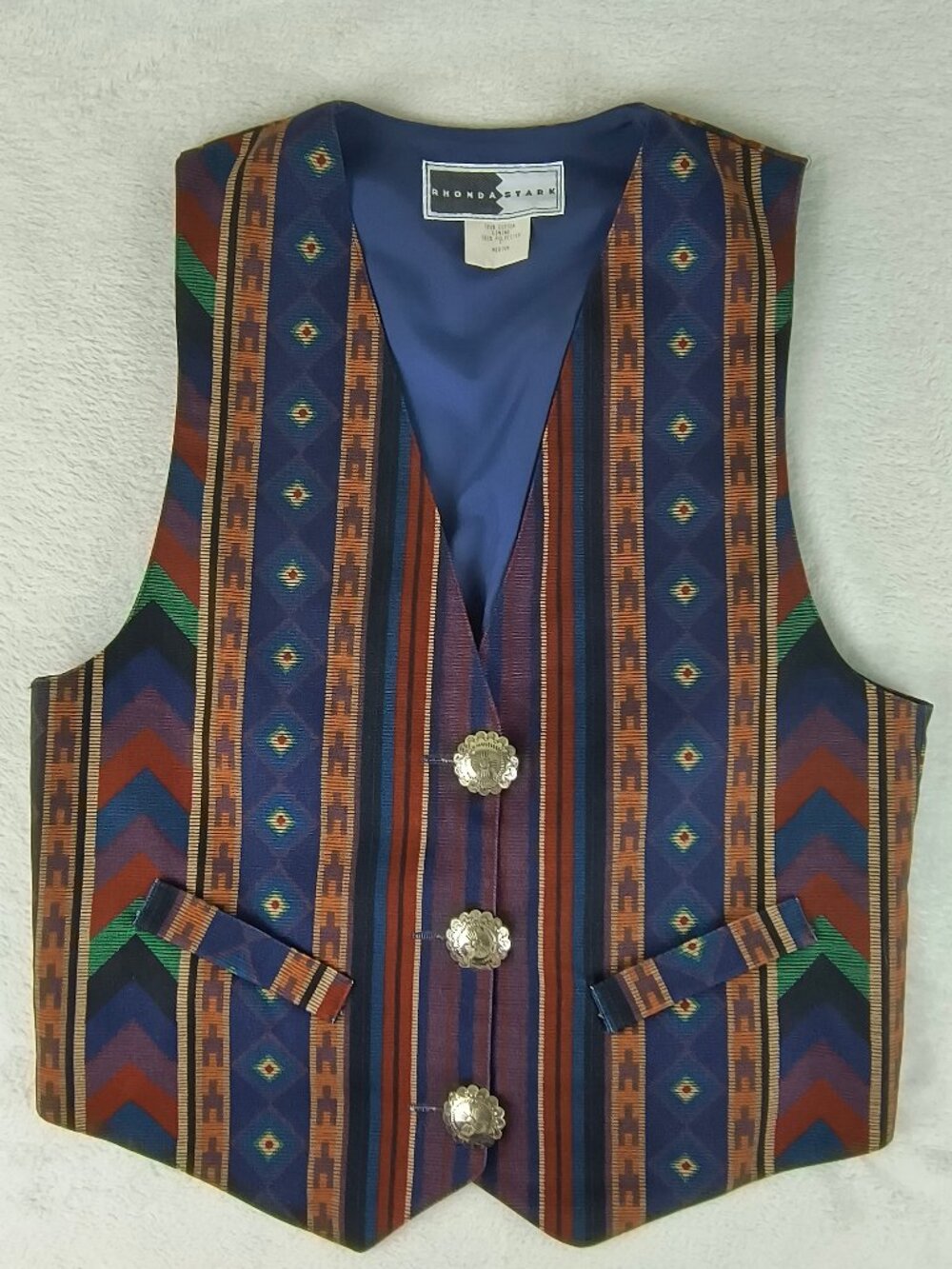 Vintage 90s Rhonda Stark Western Vest Southwest Stripe Print Concho Buttons